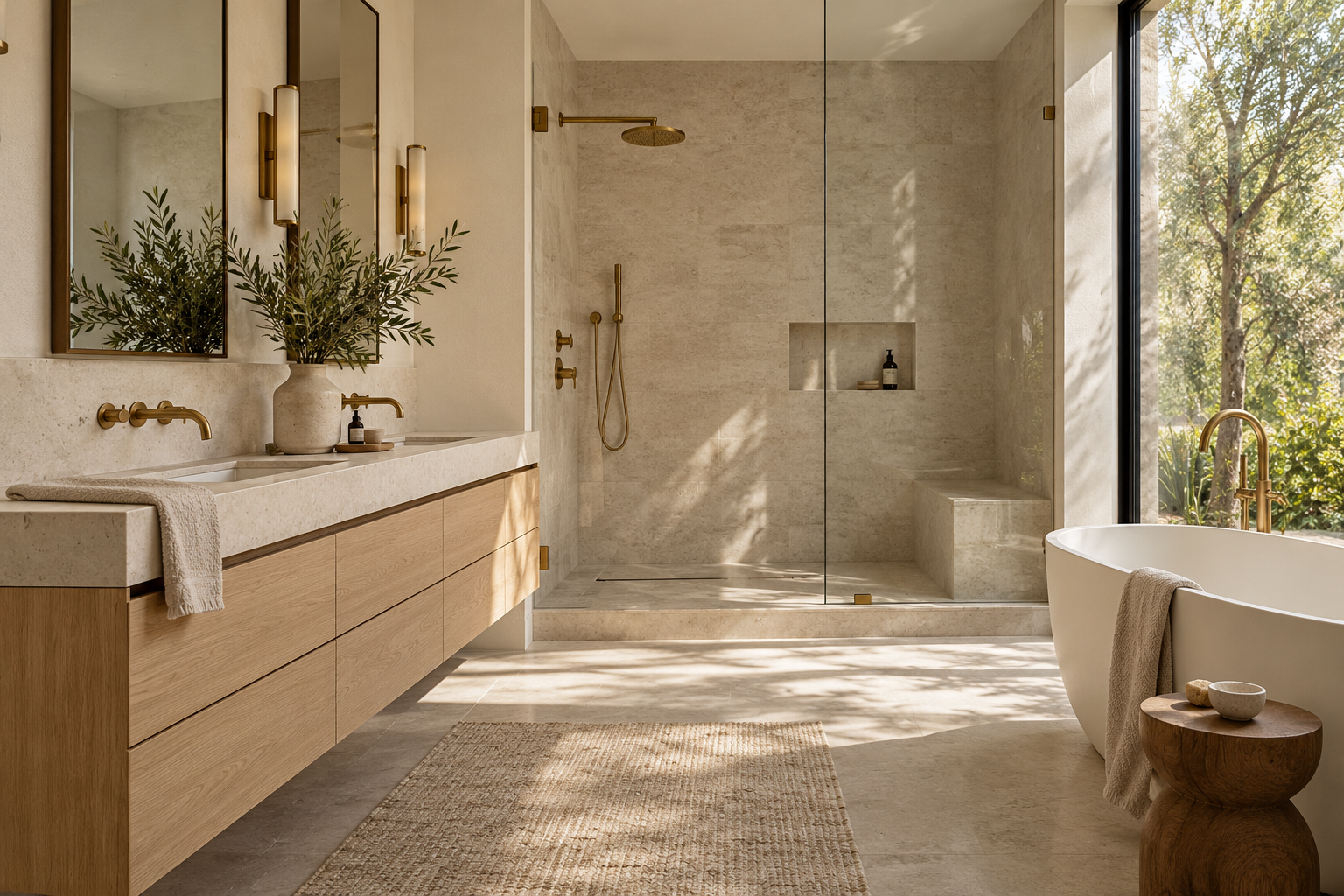 Warm stone and oak bathroom design concept