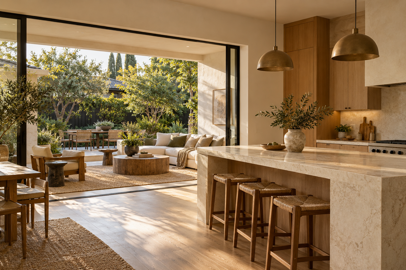 Warm oak kitchen layout and material design concept